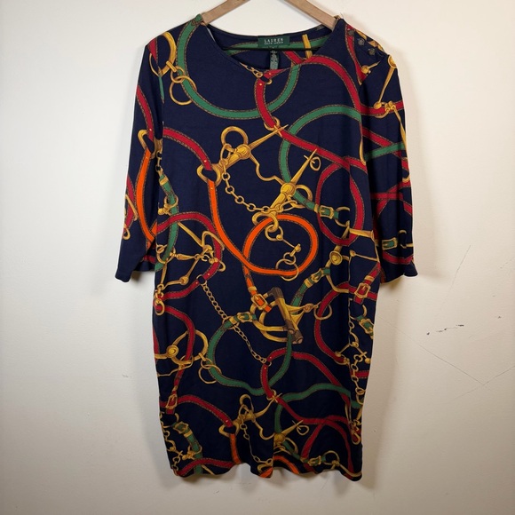 Lauren Ralph Lauren Equestrian Chain Print Shift Dress Navy Size 2X 3/4 Sleeve - Picture 3 of 7